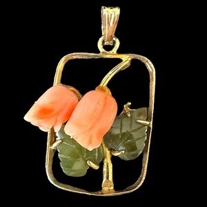 Vintage Angel Skin Coral Carved Rose Flower Leaf Pendant